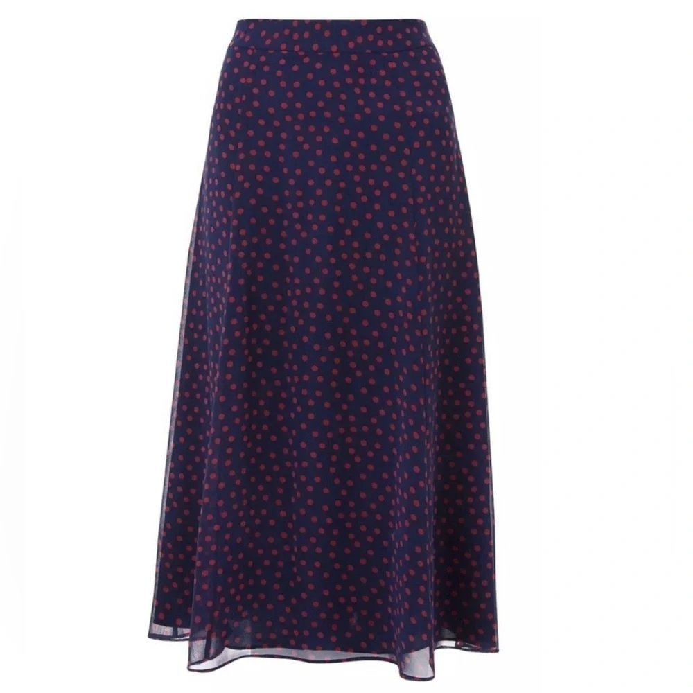 Boden Serena Navy Red Polka Dot Midi Flowy Skirt Size 14